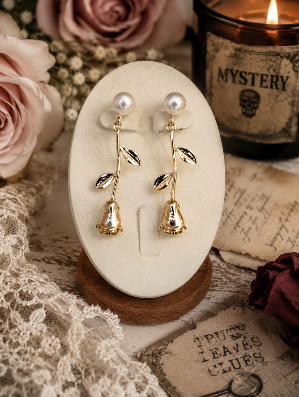 Lulus Rose Drop Earrings Faux Pearl Gold Tone Floral Dangle